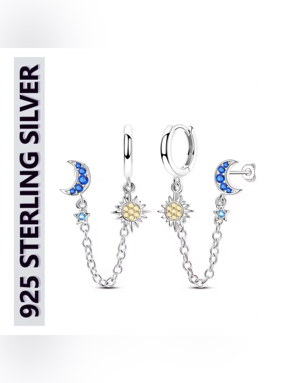 🌟🌟 S925 Sterling Silver Celestial Moon & Sun Chain Drop Earrings